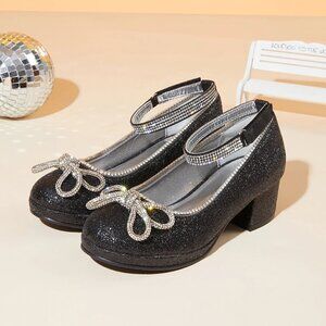 Girls Princess Wedding Shoes Rhinestones Shiny Block Heels Pumps Dress Shoes